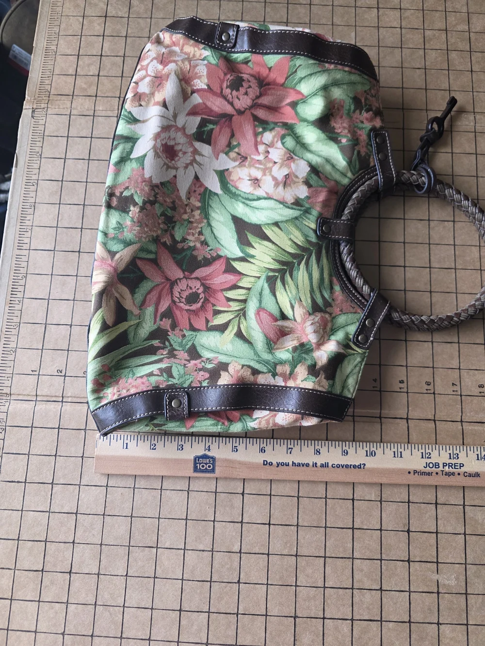 Fossil Spring Floral Canvas Satchel w/ Wooden Key Charm, 16x10, 5” Drop